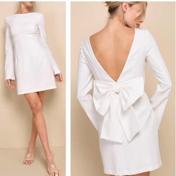 Lulus Dresses & Skirts - Lulus Elegant Cutie Ivory Bow Long Sleeve Backless Mini Dress Size Large NWT